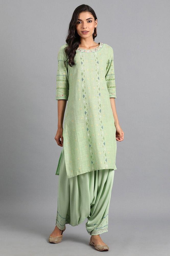 Green Round Neck Printed kurta - wforwoman