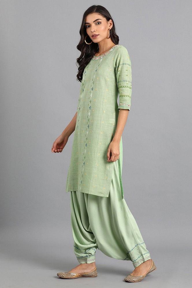 Green Round Neck Printed kurta - wforwoman