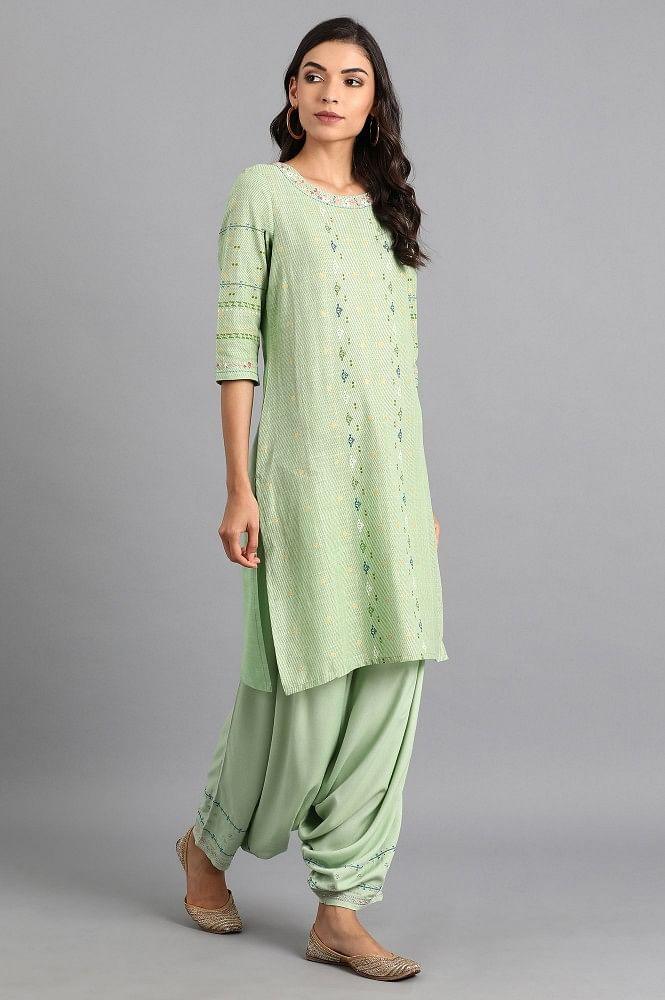 Green Round Neck Printed kurta - wforwoman