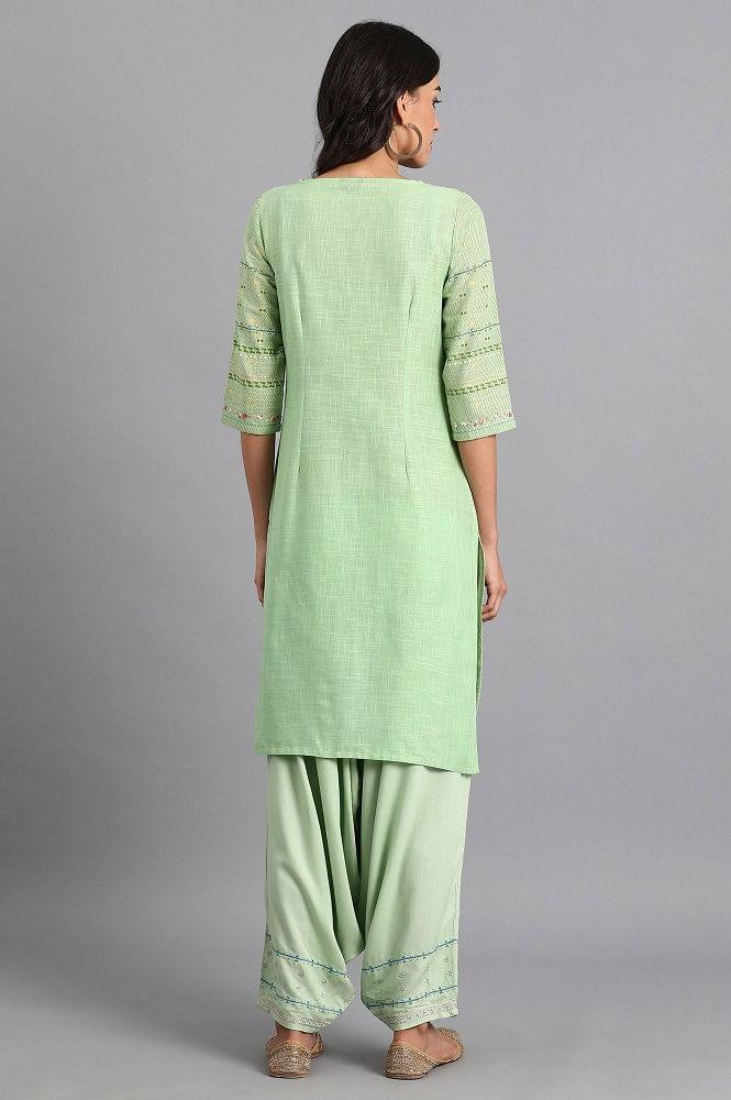 Green Round Neck Printed kurta - wforwoman