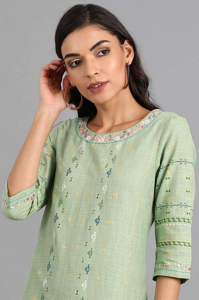 Green Round Neck Printed kurta - wforwoman