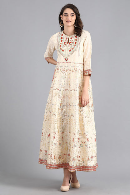 White Round Neck Printed Dress