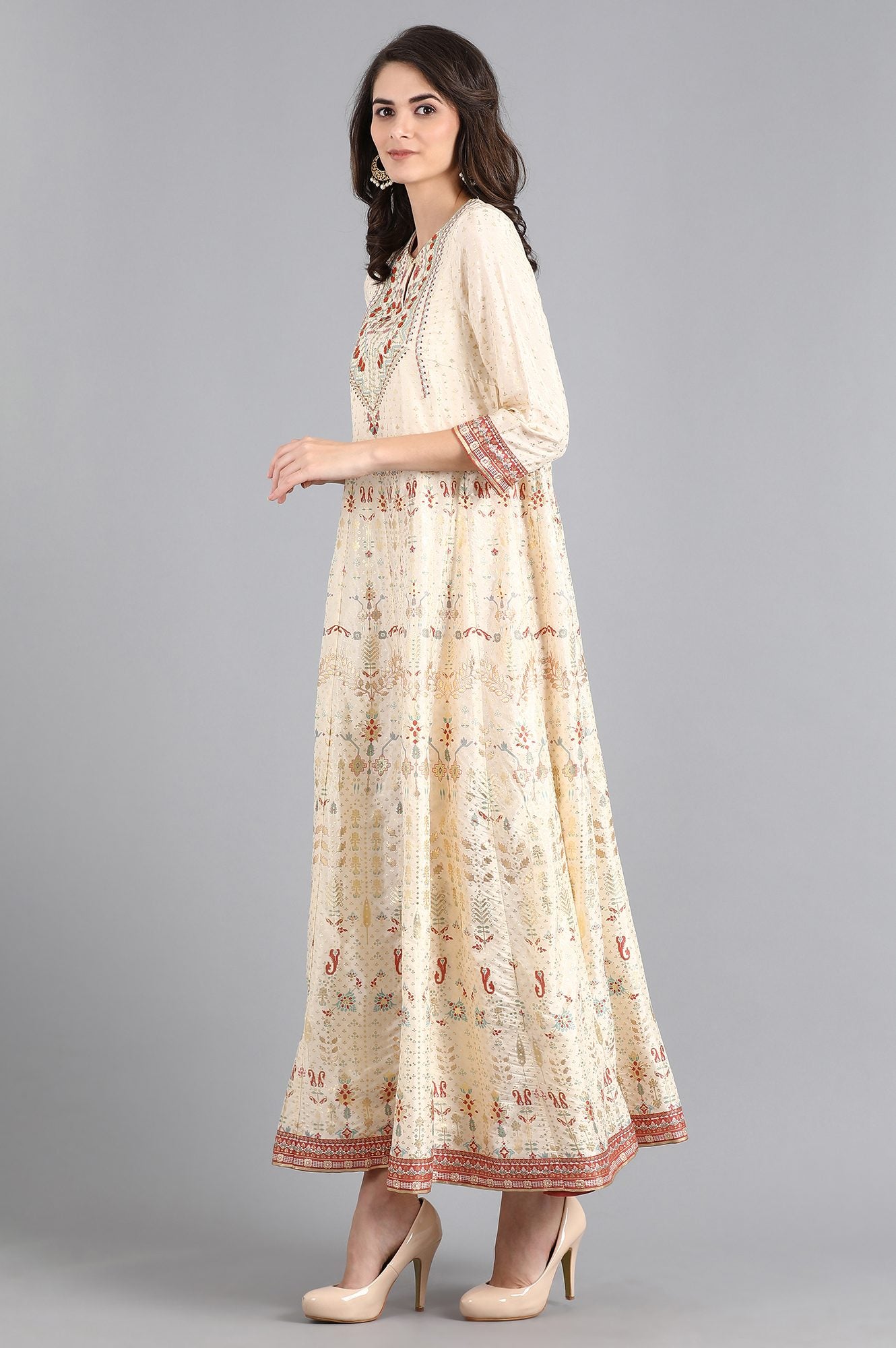 White Round Neck Printed Dress