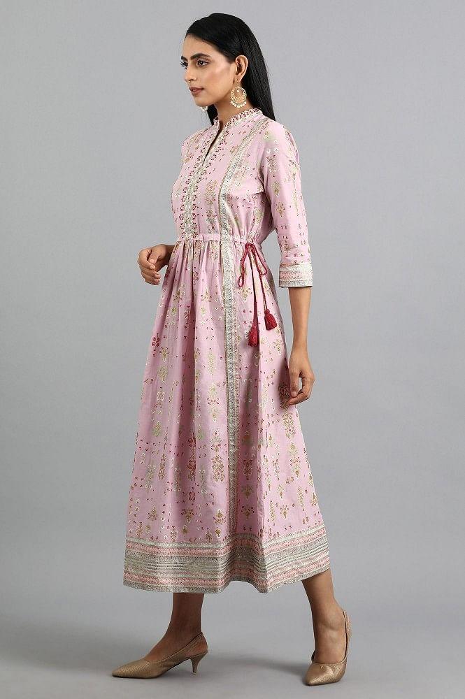 Pink Mandarin Neck Printed Dress - wforwoman