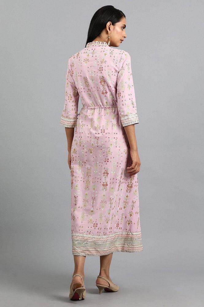 Pink Mandarin Neck Printed Dress - wforwoman