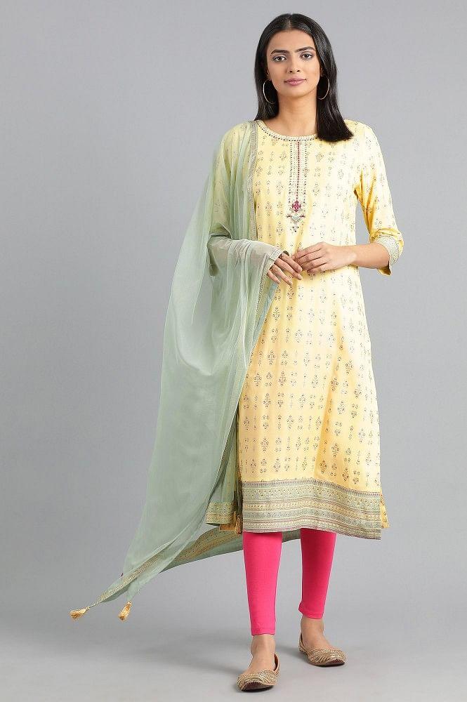 Yellow Round Neck Printed kurta - wforwoman