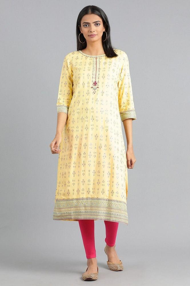 Yellow Round Neck Printed kurta - wforwoman