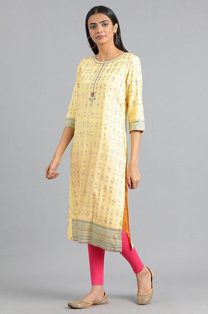 Yellow Round Neck Printed kurta - wforwoman