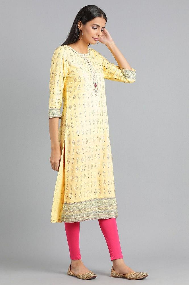 Yellow Round Neck Printed kurta - wforwoman