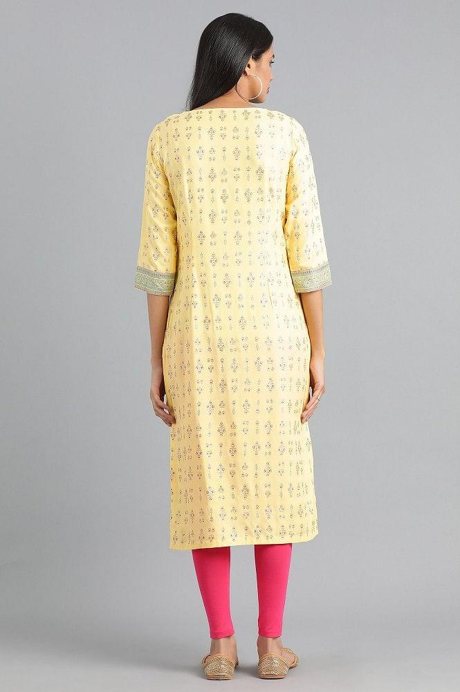 Yellow Round Neck Printed kurta - wforwoman