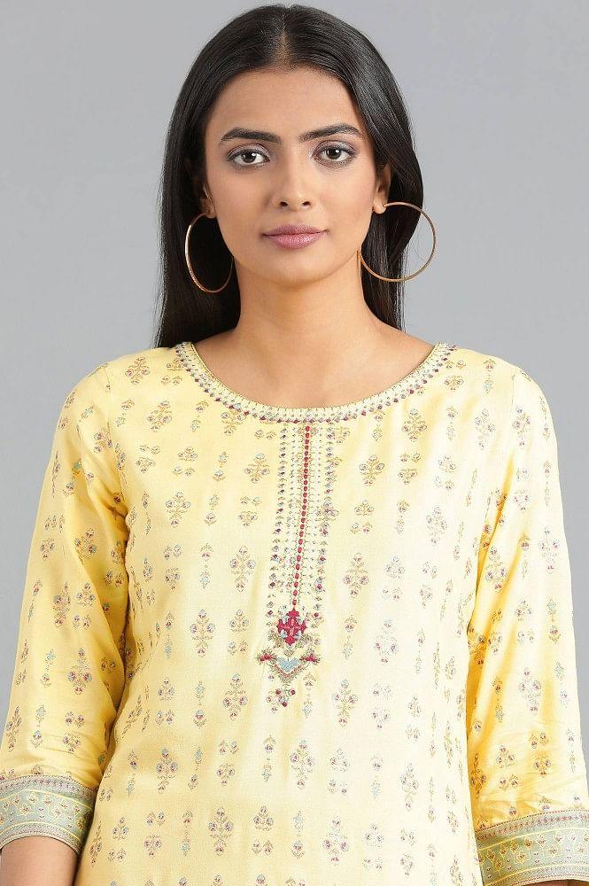 Yellow Round Neck Printed kurta - wforwoman