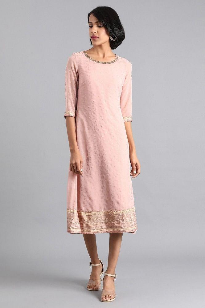 Pink Round Neck Printed Dress - wforwoman