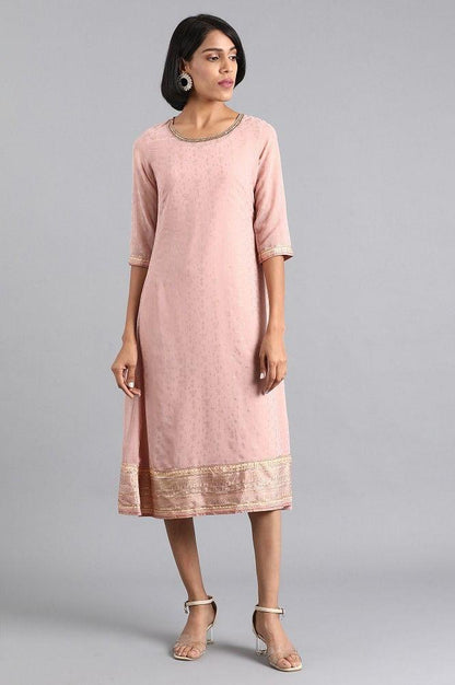 Pink Round Neck Printed Dress - wforwoman