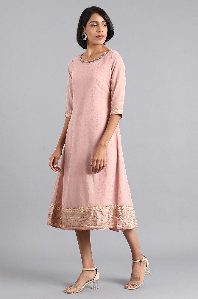 Pink Round Neck Printed Dress - wforwoman