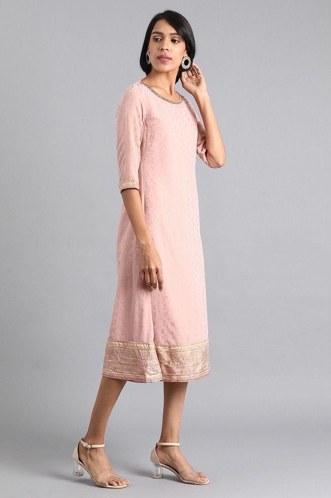 Pink Round Neck Printed Dress - wforwoman