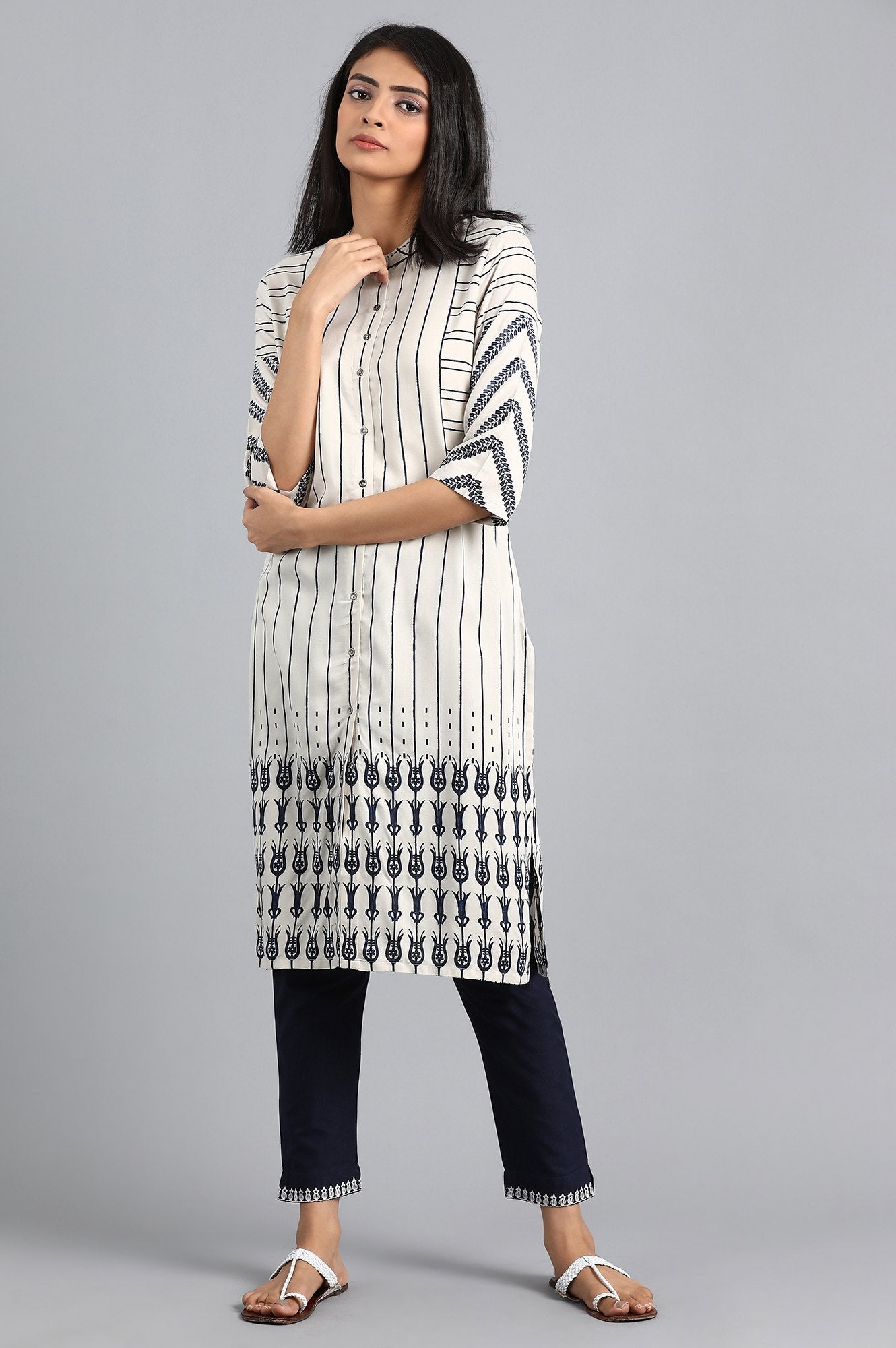 Grey Mandarin Neck Printed kurta