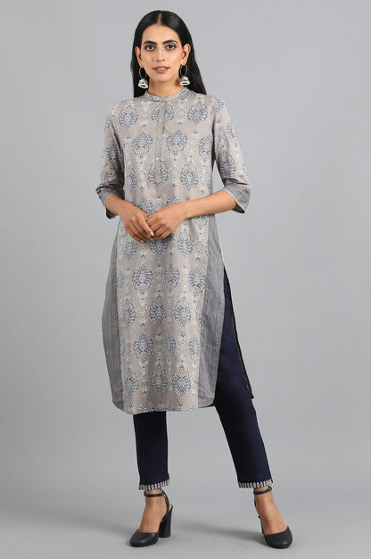 Grey Mandarin Neck Printed kurta