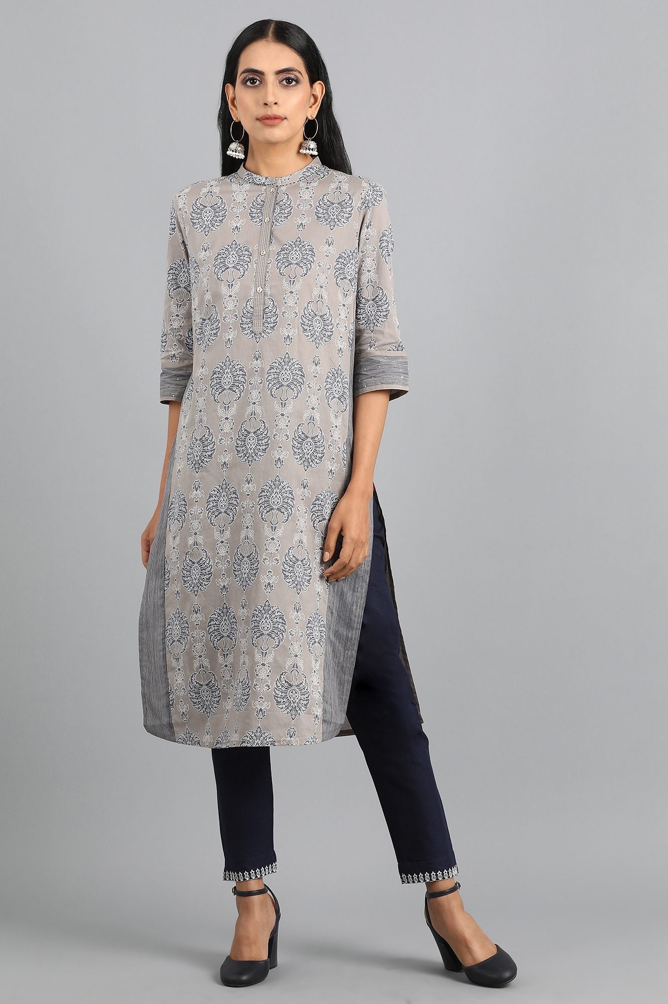 Grey Mandarin Neck Printed kurta