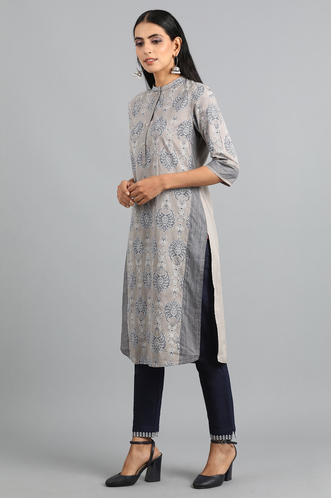 Grey Mandarin Neck Printed kurta