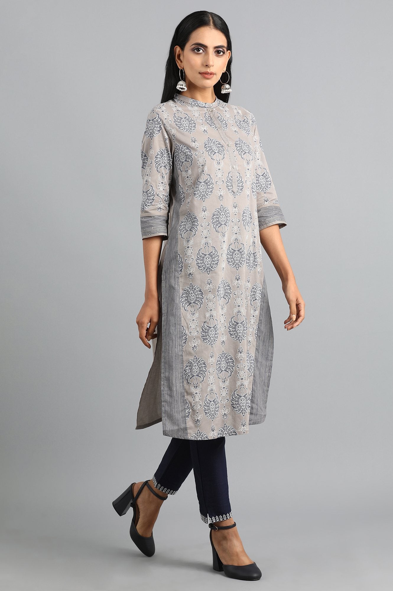 Grey Mandarin Neck Printed kurta