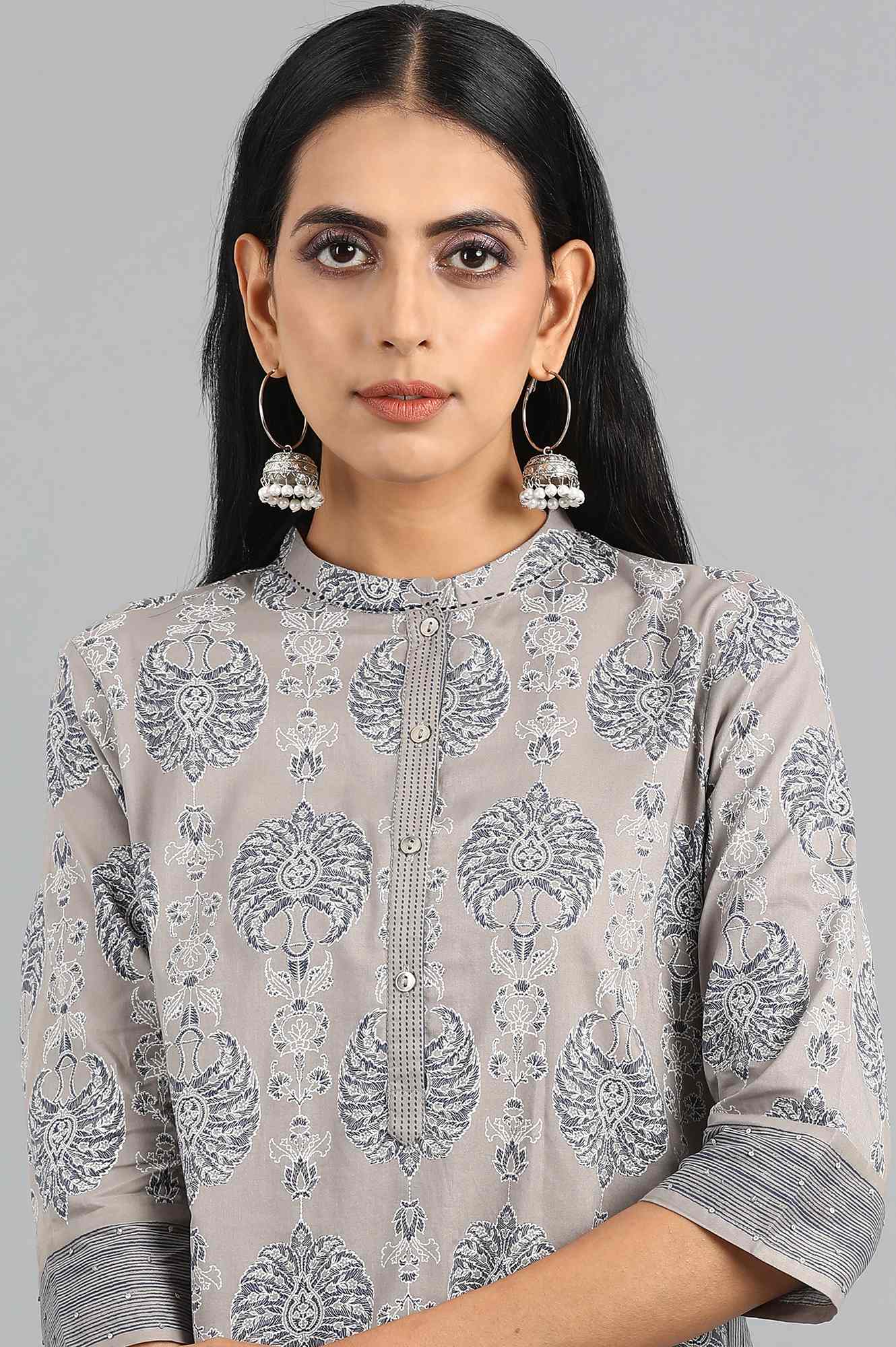 Grey Mandarin Neck Printed kurta