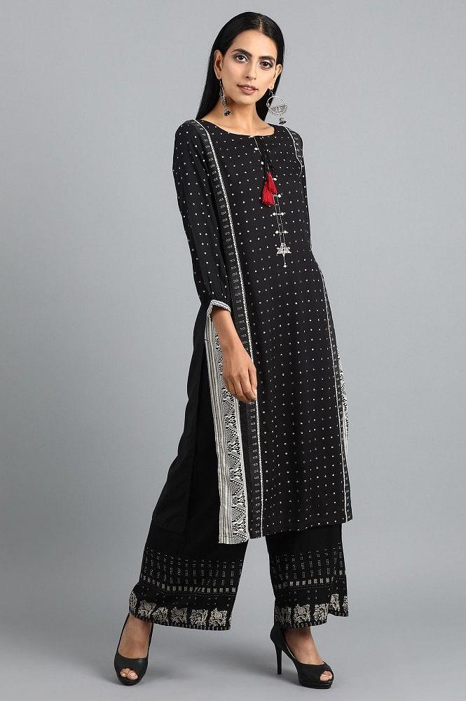 Black Mandarin Neck Printed kurta - wforwoman