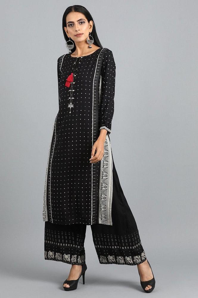 Black Mandarin Neck Printed kurta - wforwoman