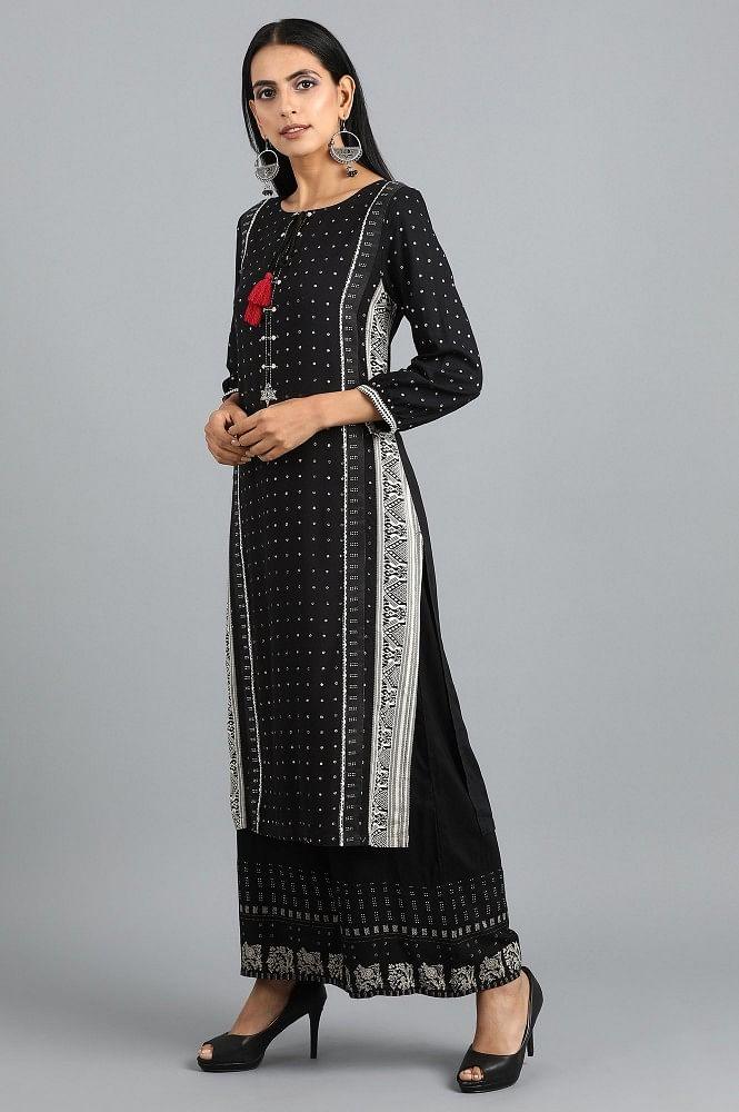 Black Mandarin Neck Printed kurta - wforwoman