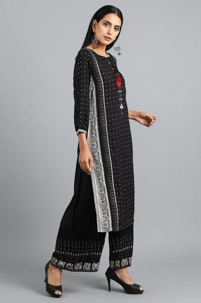 Black Mandarin Neck Printed kurta - wforwoman