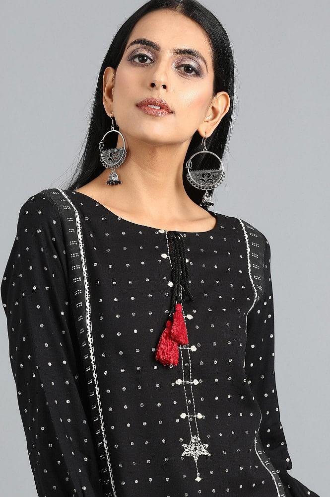 Black Mandarin Neck Printed kurta - wforwoman