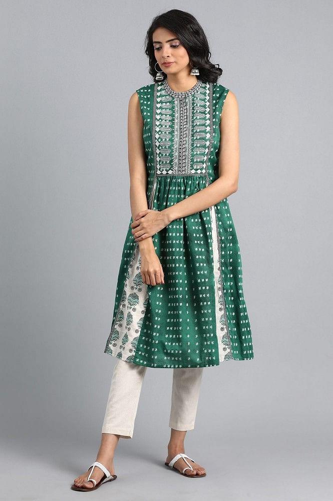 Green Mandarin Neck Printed kurta - wforwoman