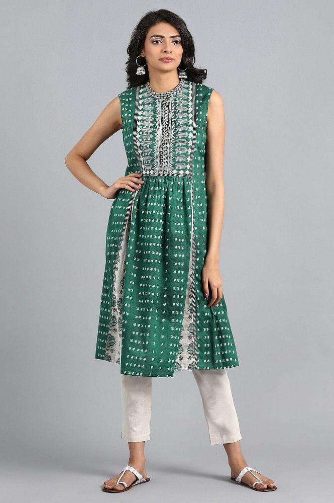 Green Mandarin Neck Printed kurta - wforwoman