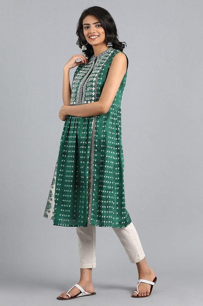 Green Mandarin Neck Printed kurta - wforwoman