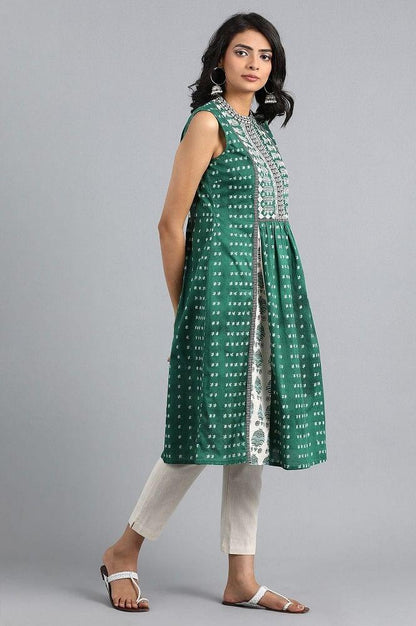 Green Mandarin Neck Printed kurta - wforwoman