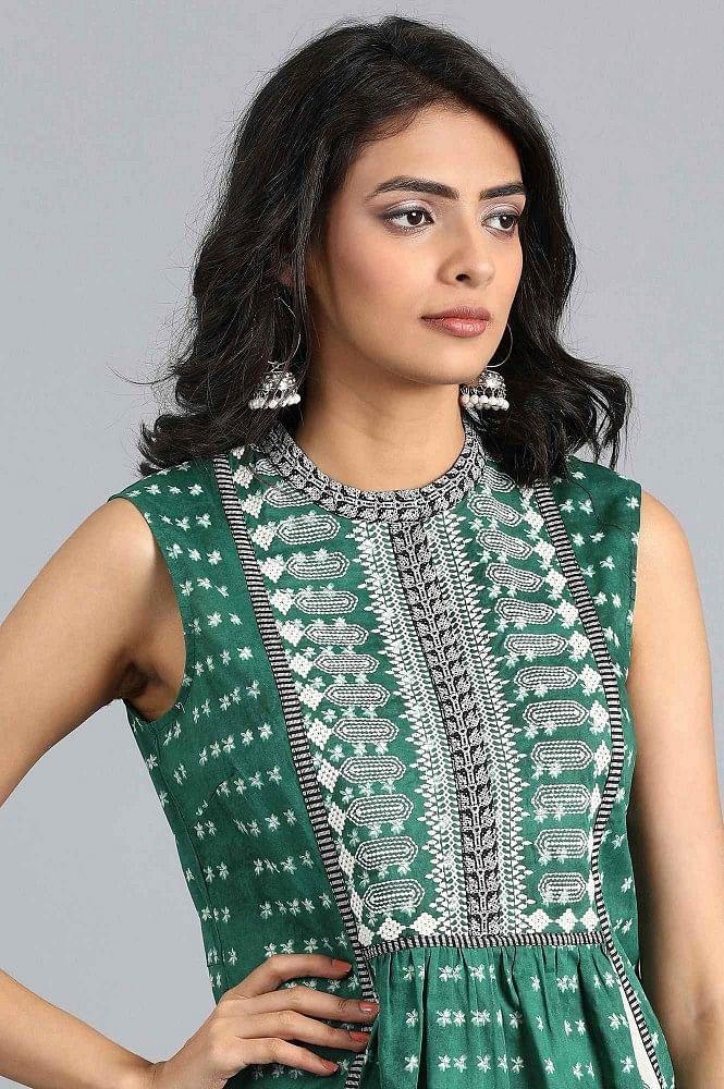 Green Mandarin Neck Printed kurta - wforwoman