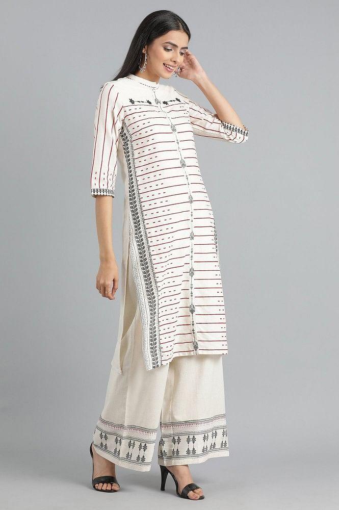 White Mandarin Neck Printed kurta - wforwoman