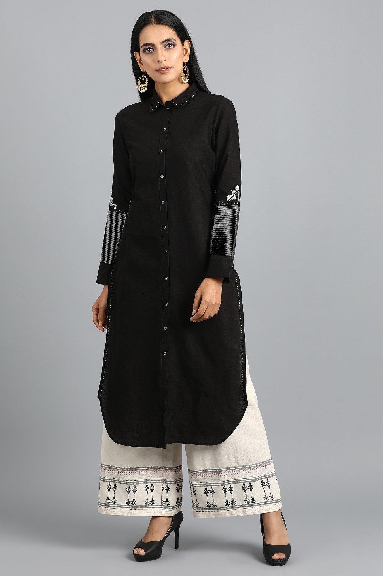 Black Collar Neck Embroidered kurta - wforwoman