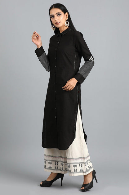 Black Collar Neck Embroidered kurta - wforwoman