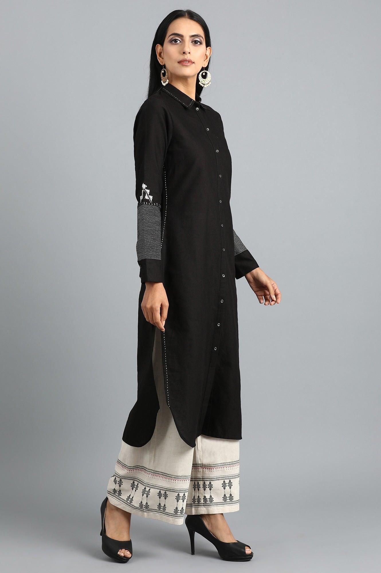 Black Collar Neck Embroidered kurta - wforwoman