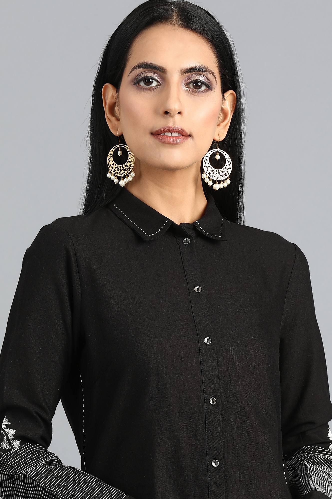 Black Collar Neck Embroidered kurta - wforwoman