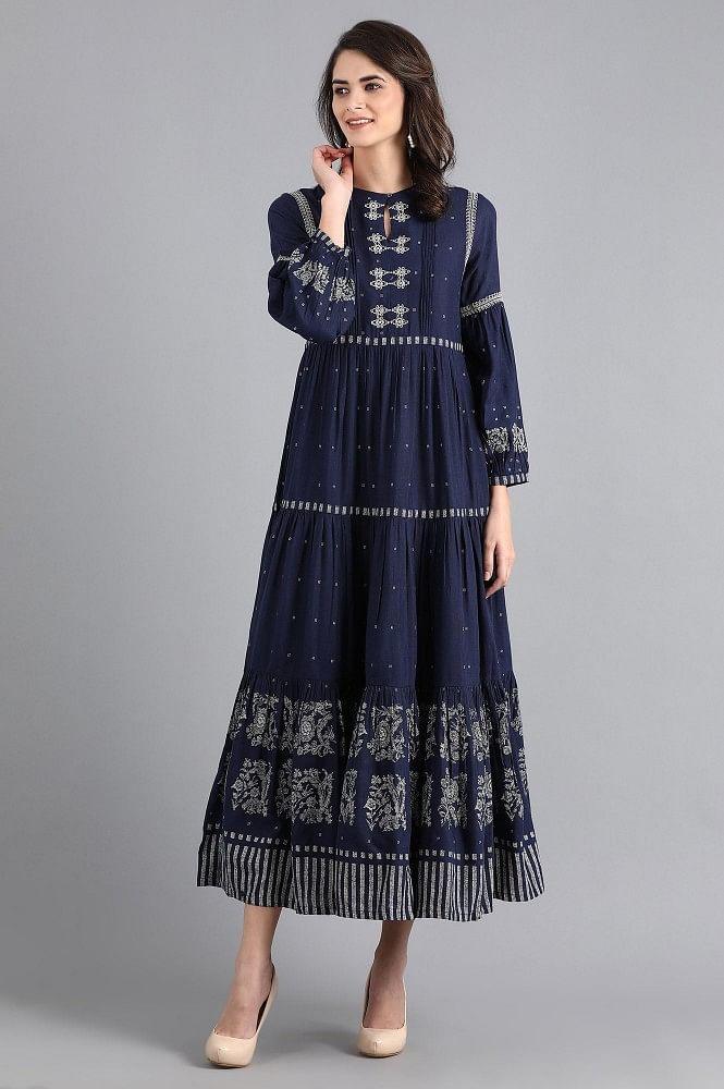 Blue Round Neck Printed kurta - wforwoman