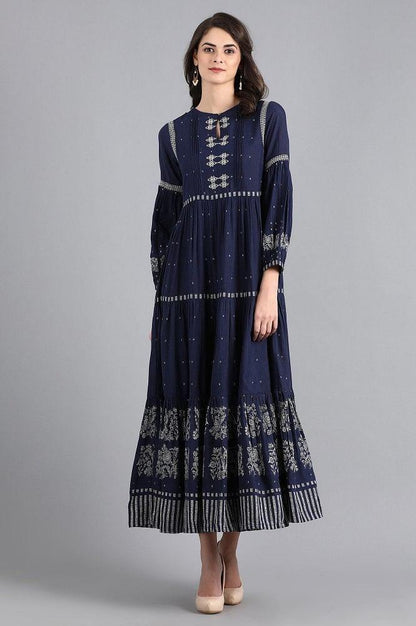 Blue Round Neck Printed kurta - wforwoman