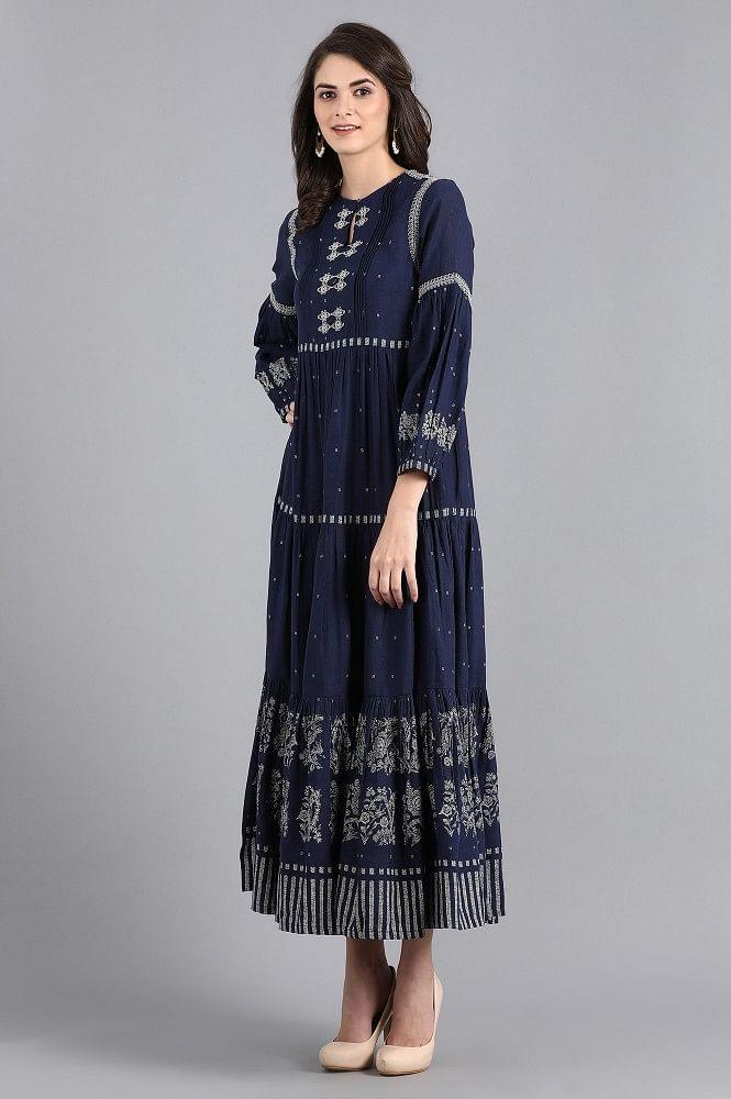 Blue Round Neck Printed kurta - wforwoman