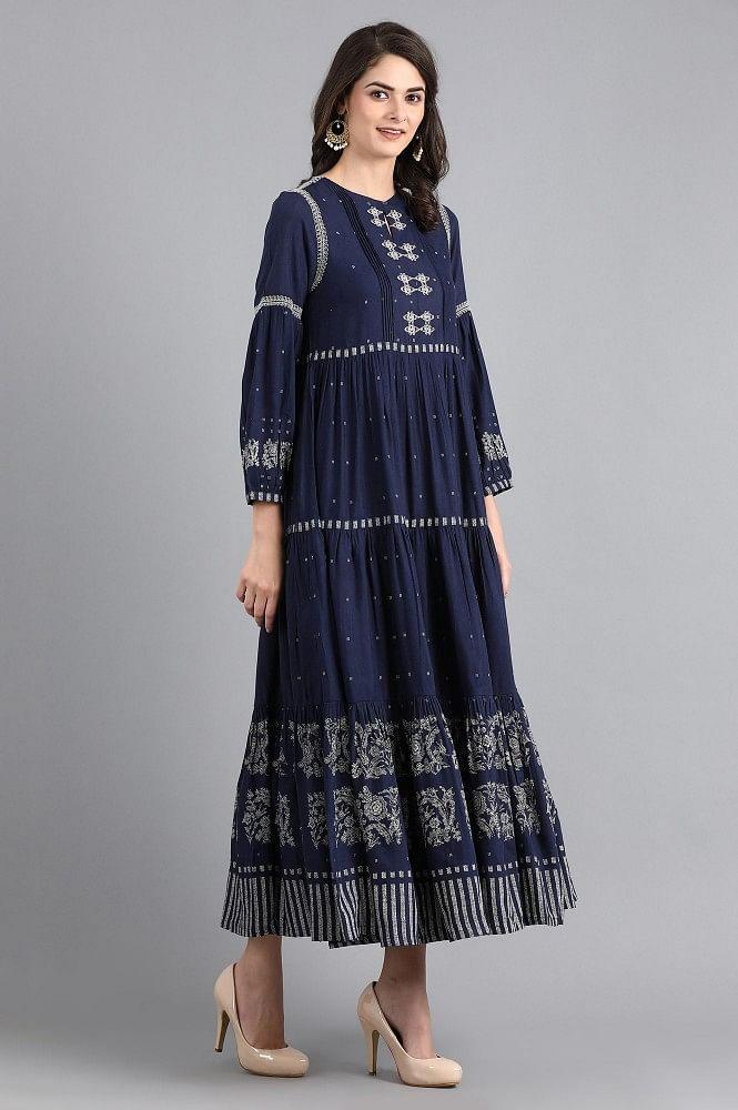 Blue Round Neck Printed kurta - wforwoman