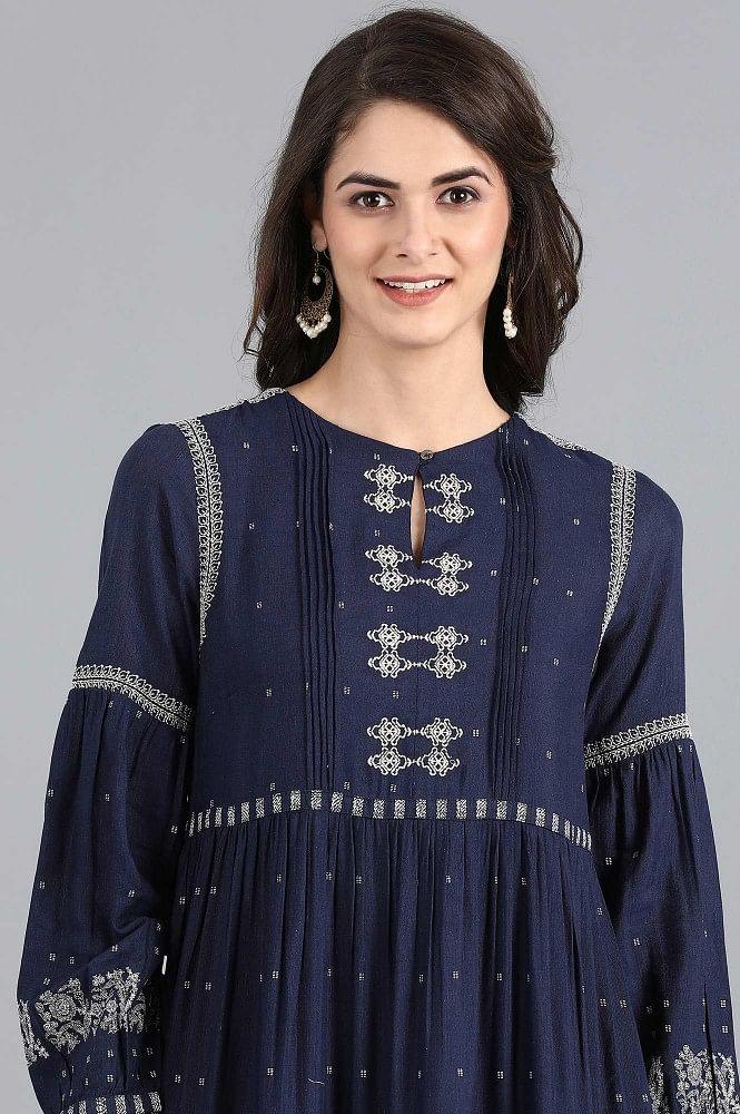 Blue Round Neck Printed kurta - wforwoman