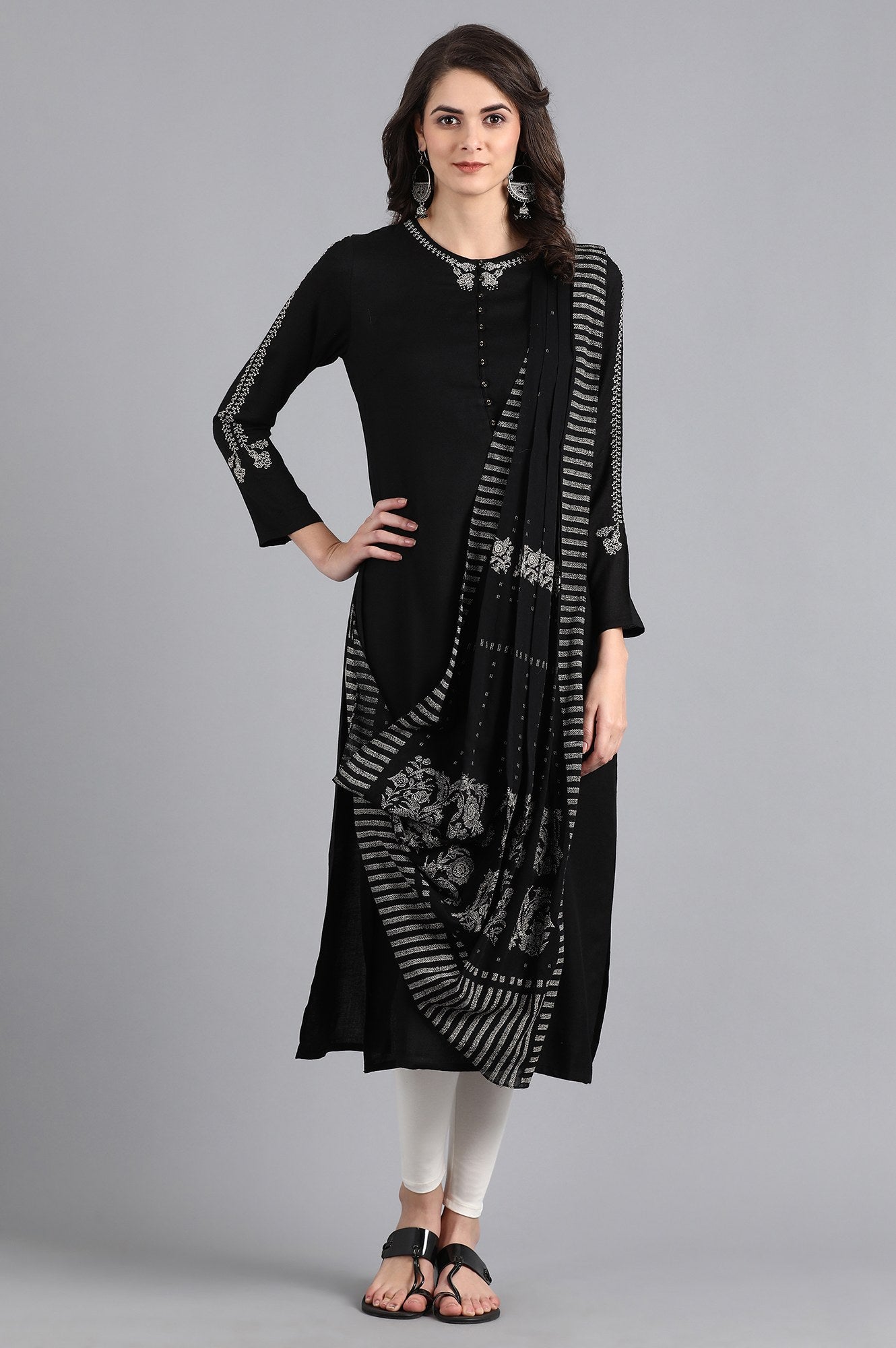 Black Round Neck Printed kurta