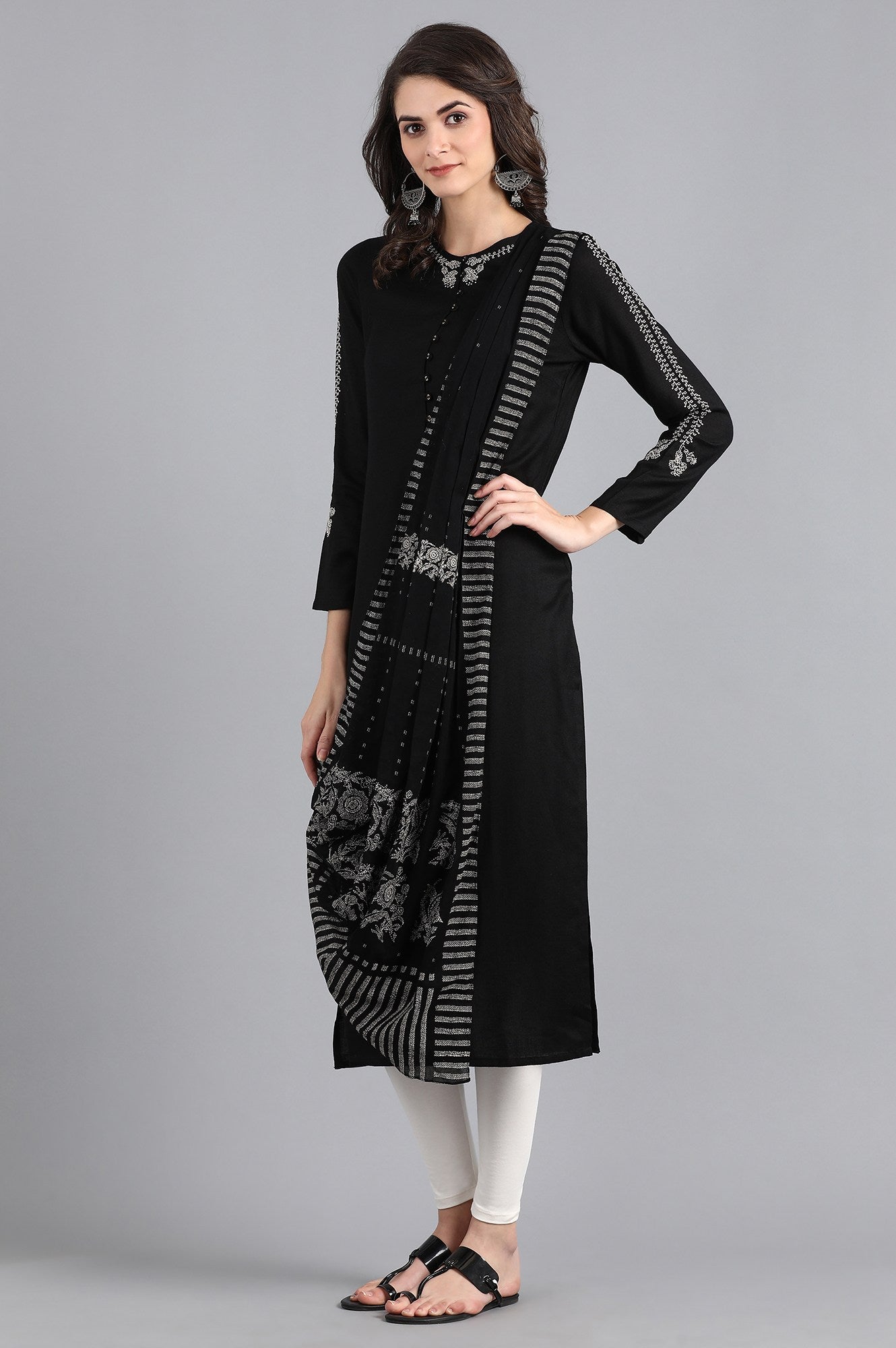 Black Round Neck Printed kurta