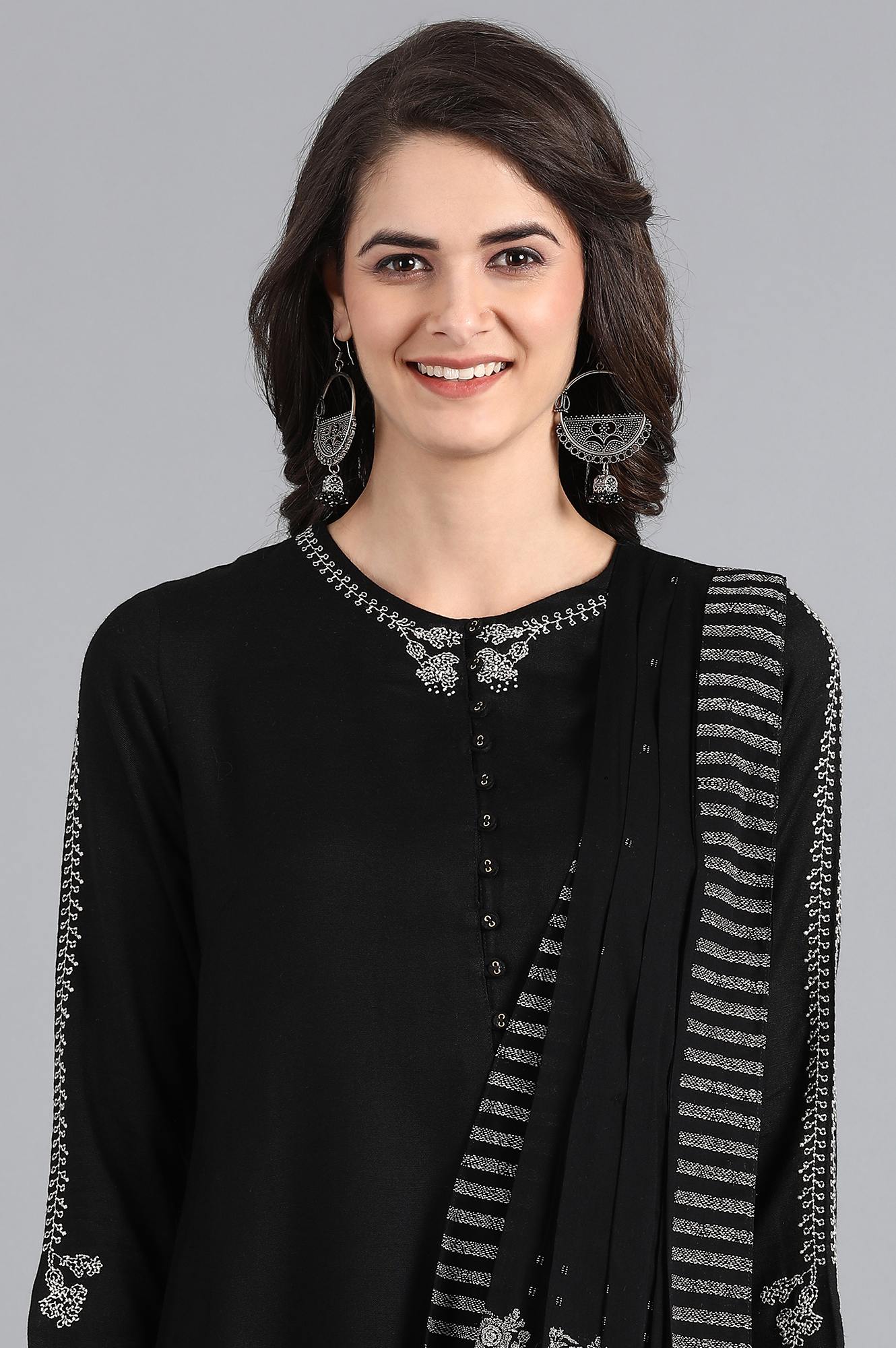 Black Round Neck Printed kurta