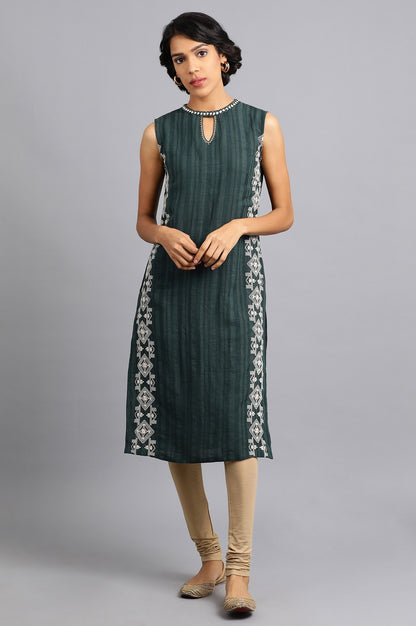 Green Mandarin Neck Embroidered kurta