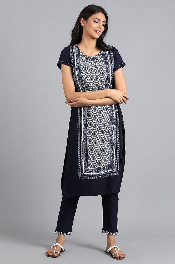 Blue Round Neck Printed kurta - wforwoman